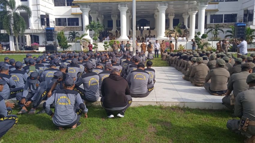 Polres Tanjung Balai Hadiri Apel Kesiapsiagaan Pasukan Linmas Pemilu Tahun 2024