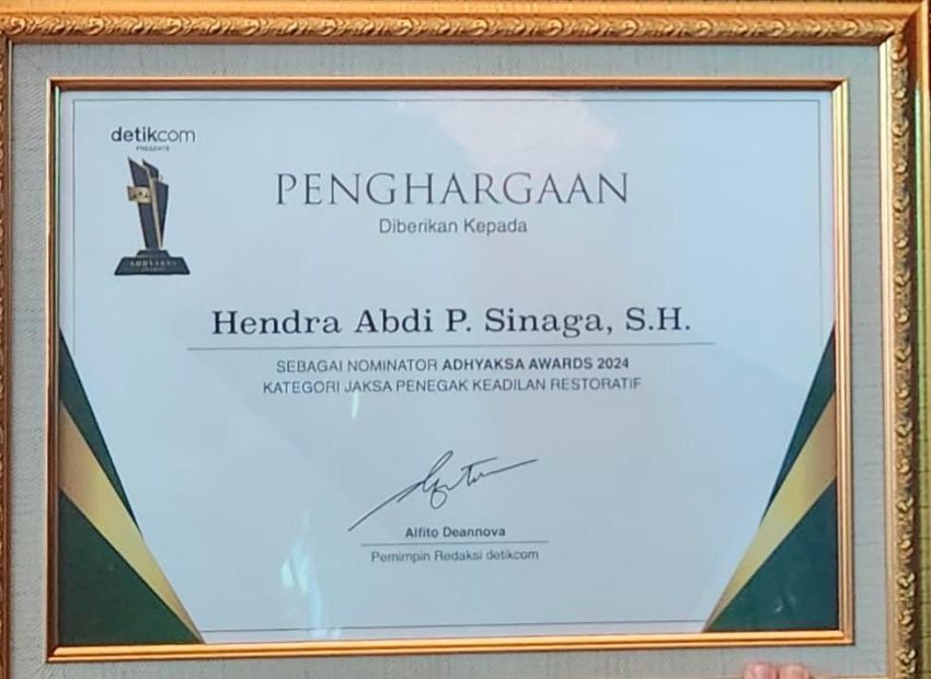 Kajari Hendra Abdi P. Sinaga Raih Nominaror ADHYAKSA Award 2024 Jaksa Penegak Keadilan Restoratif.