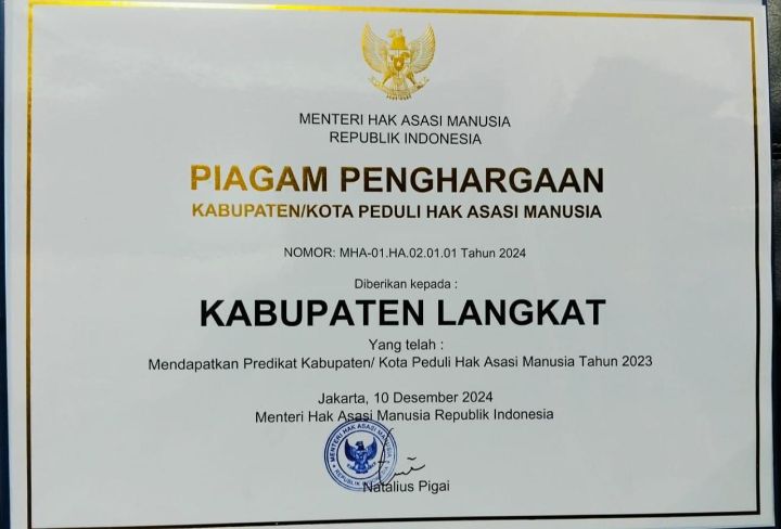 Pemkab Langkat Raih Piagam Kabupaten Peduli HAM Nasional 2024