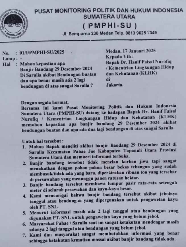 PMPHI Sumut Surati Menteri Kehutanan dan Lingkungan Hidup Minta Turun Langsung Ke Lokasi Banjir Bandang Pahae