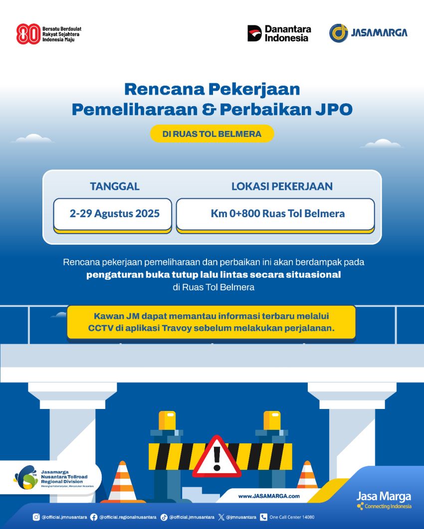 Jasamarga Lakukan Perbaikan JPO dan Pengaturan Lalin di Ruas Tol Belmera