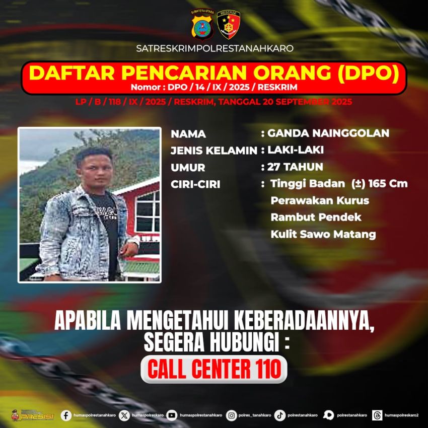Ganda Nainggolan Resmi DPO Polres Tanah Karo