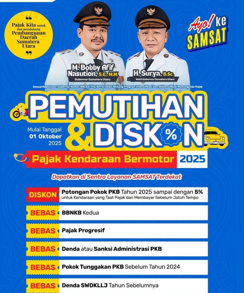 Bebas Denda, Diskon Hingga 5%: Pemutihan Pajak Kendaraan Bermotor Sumut Mulai 1 Oktober