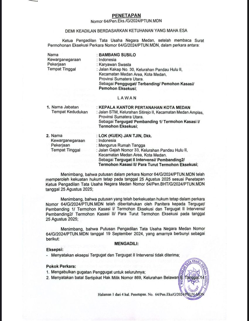Menang Hingga Inkracht, Pemohon Eksekusi Dibiarkan Tanpa Kepastian oleh BPN Medan