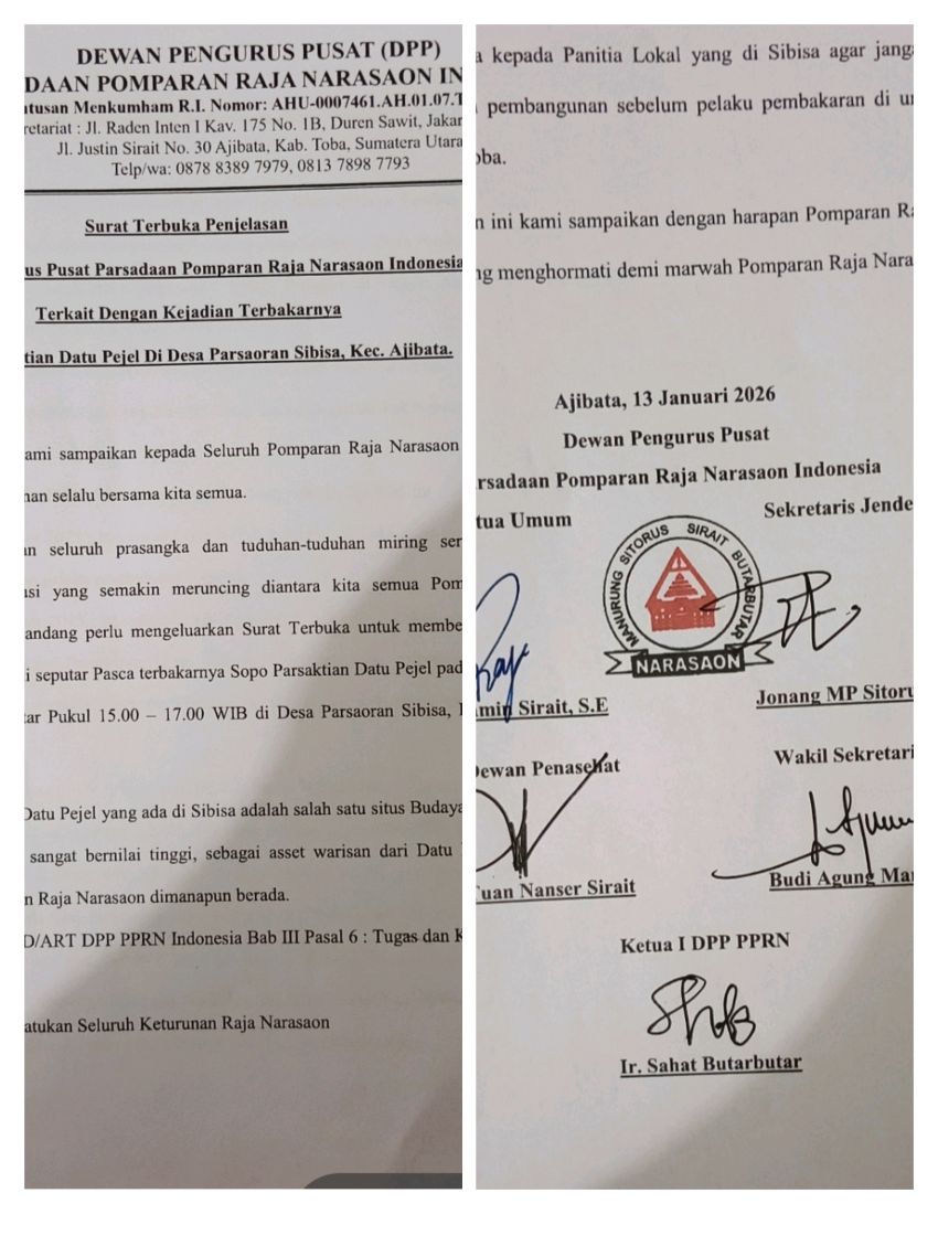 Pasca Kebakaran Sopo Parsaktian Datu Pejel di Sibisa, DPP PPRN Indonesia Sampaikan Surat penjelasan Terbuka, Begini bunyinya